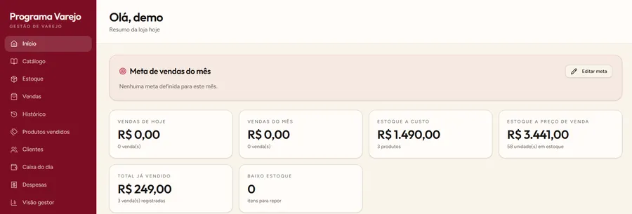 Painel do sistema de varejo da Sinta Bruma com vendas e estoque (dados fictícios)